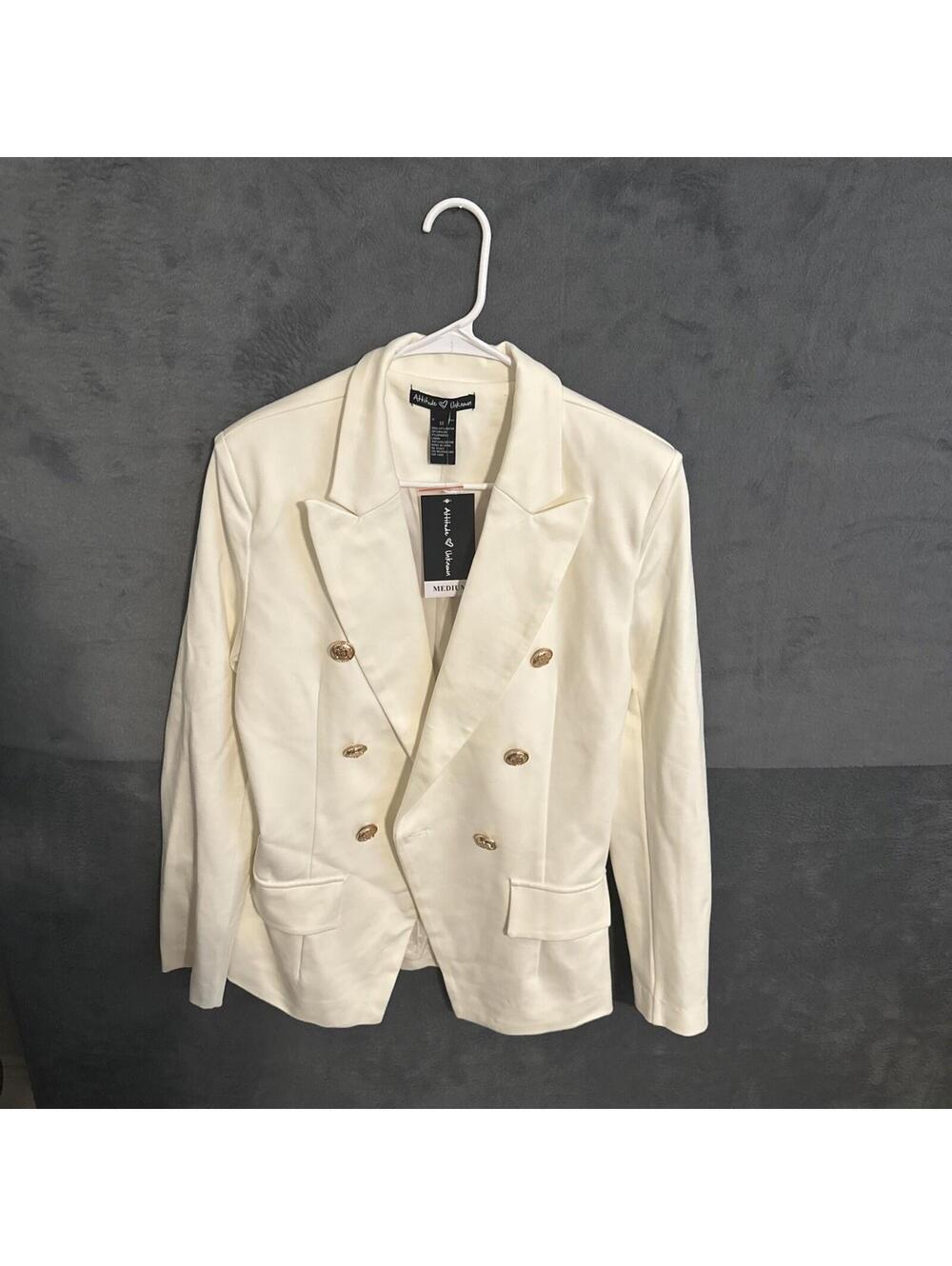 NWT Attitude Unknown Women's White Cream Double-Breasted Blazer Size Medium